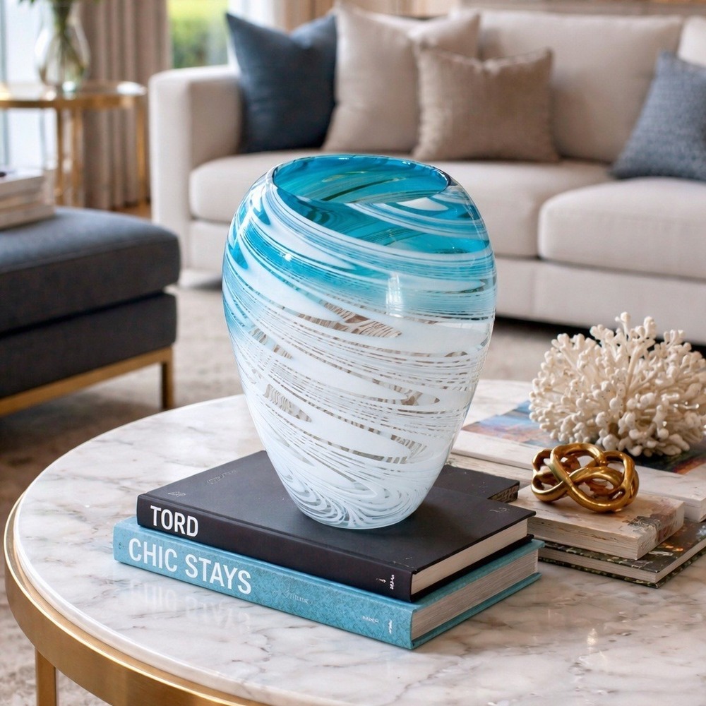 Murano Vintage Artisan Swirl Glass Vase Blue White Elegant Home‎ Decor Accent